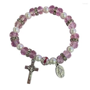 Link Bracelets Crystal Beaded Bracelet Rosary Stretch Jesus Pendant Anniversary Jewelry Gift For Women Men Religious Catholic