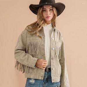 Kvinnor jackor casual denim jacka kpop tassel streetwear vintage tvättad långärmad ytterkläder koreansk frans vit lös päls