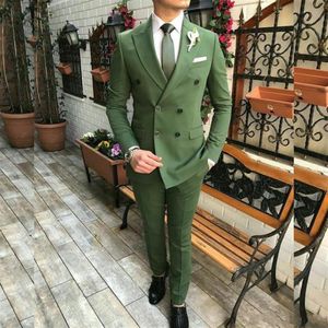 Classic Double-Breasted Olive Green Groom Tuxedos Peak Lapel Men Suits 2 pieces Wedding Prom Dinner Blazer Jacket Pants Tie W893191m