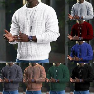 Jaquetas masculinas outono e inverno algodão esportes suéter sólido waffle gola redonda pulôver malha moda jaqueta masculina