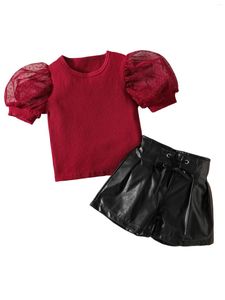 Clothing Sets Fashion Kids Baby Girls Ruffled Tulle Sleeve Ribbed T-shirt Tops High Waist PU Leather Shorts Set Toddler Outfit