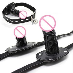 Massager Silicone Penis Plug Dildos Open Mouth Gag with Locking Buckles Leather Harness Bondage Bdsm Slave for Couple Adult Game