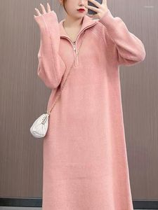 Günlük Elbise Kadınlar İçin Elbise 2023 Büyük Boy Süveter Fermuarı Katı Örme Kış Sweaters Moda Zarif Kadın Giyim Cüppe