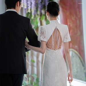 Etnik Giyim Çin tarzı beyaz qipao cheongsam vintage klasik mandalin yaka elbise seksi dantel yükseklik bölünmüş akşam parti