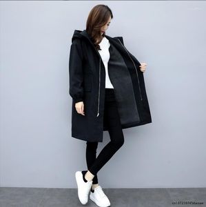 Women's Trench Coats Women Autumn Winter Hooded Drawstring Pocket Zipper Long Outwear Oversize Elegant Ladies Thicken Windbreaker