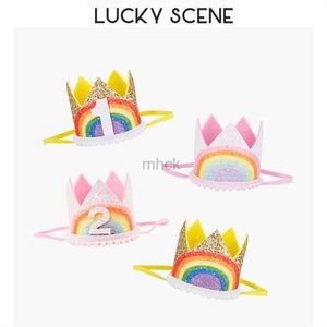 Party Hats Glitter Rainbow Felt Birthday Lace Party Crown Babies First Month Celebration Boys Girls Kids Pink Gold S00789 HKD230807