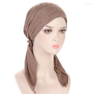 Sciarpe Plain Diamond Modal Jersey Hijab Drilling Beads Hat Solid Turban Arc Cap Cover Hair Loss Head Sciarpa Wrap Pre-Tie Strech Headwear