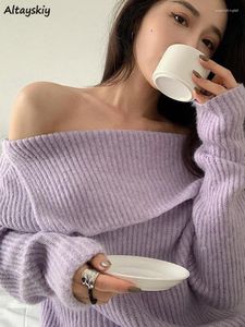 Kadın Sweaters Slash Boyun Külverleri Omuz Kapalı Sonbahar Mizaç İhale Zarif Çekme Femme Harajuku Basit Kadınlar Koreli