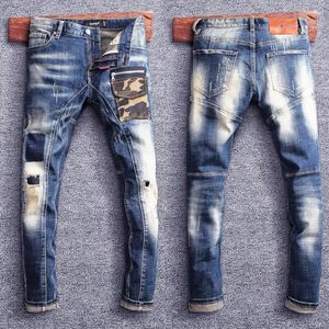 Erkekler kot sokak kıyafeti moda erkekler retro mavi kamuflaj cep tasarımcısı ince fit yırtılmış hip hop denim bisikletçisi pantolon