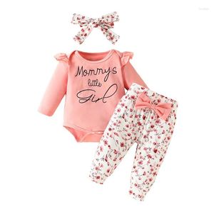 Kleidungssets 3-teiliges Baby-Mädchen-Herbst-Outfits mit langen Ärmeln, Strampler, Schleife, Hosen, Stirnband, Set, geborenes Outfit
