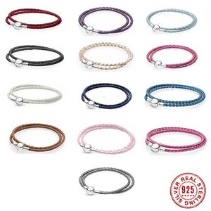 Saf S925 Gümüş Pandora Bilek Diy Boncuklar Moda Çift Döngü Dokuma Deri Bileklik DIY Tasarımcı Charm