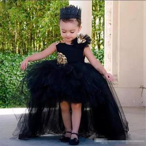 Lindos vestidos pretos altos e baixos para meninas com lantejoulas douradas tule vestido de baile vestidos de florista para festa de aniversário de bebê de casamento Dr220v