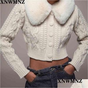 Women'S Knits Tees Women Fashion Contrast Knit Faux Fur Jacket Lapel Collar Cardigan Vintage Long Sleeve Female Outerwear Chic Tops Dhzqt