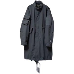 Herrgravrockar japan stil utomhus funktionell vindtät huva lös medium lång vindbrytare blixtlås mörkgrå multi pocket jacka 230804