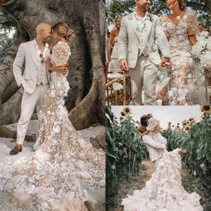 Champagne Mermaid Wedding Dresses Lace 3D Floral Appliqued Hollow Back Half Long Sleeve Boho Wedding Dress Beach Plus Size Bridal 204I