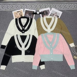 Design Feminino Cardigã de Malha Suéter com Decote em V Casual Design de Costura para Meninas Moda Slim Fit 4 Cores Malhas