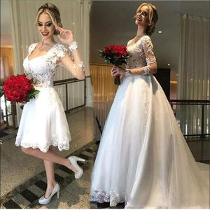 2022 Vestidos de Novia Two Piece Lace Wedding Dress Plus Size Illusion Back Long Sleeve Wedding Gowns Detachable Skirt Custom295r