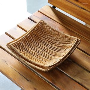 Plates Fruit Cake Platter Square Simulation Wicker Rattan Storage Tray Hand-Woven Tea Dessert Plate Bread Breakfast