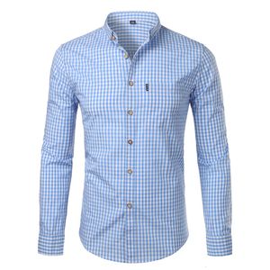 メンズカジュアルシャツ小さな格子縞のボタンダウンシャツ男性夏の長袖スリムフィットメンズドレスシャツカジュアルチェックギンガムケミーズホム230807
