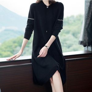 Casual Dresses Oversize Women'S Knitting Dress For Autumn Winter 2023 Causal Hooded Draw String Solid Loose Female Long Sweater Vestidos