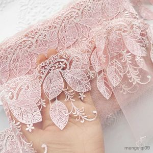 Китайские продукты шириной 16 см роскошная розовая сетчатая вышивка из листьев тюля кружевная ткань для бахрома ровная платья кукольная одежда для швейной одежды R230807