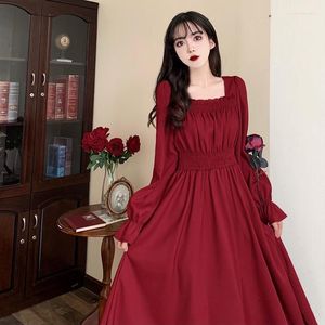 Casual Dresses Plus Size Women's Black Red Dress Korean French Elegant Vintage Puff Sleeve Square Collar Long Summer Spring