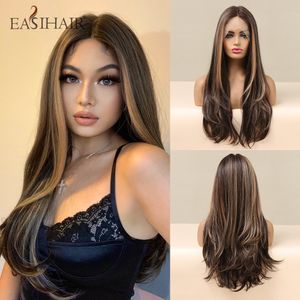 Perucas de Cosplay EASIHAIR Long Brown Lace Front Sintético Natural Hair Wigs Blonde Highlight Lace Frontal Wig for Women Cosplay Wigs High Density 230807