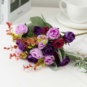 Sztuczna zieleń Wedding Rose Rose sztuczny kwiat Kwiat Grave Home Party Silk Sunset Red 1 Bunch 21 Heads 32cm Buquet Decor Fake x0806