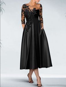 Zarif A-line Siyah Saten Gelin Elbiselerinin Anne Cepleri A-line Dantel Vaftiz Anne Elbisesi Resmi Parti Pileleri La Madre Del Vestido De Novia Kadın Elbise