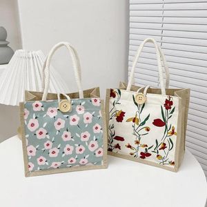 Shopping Bags Japanese Style Handbag For Xmas Casual Linen Canvas Gift Bag Fashion Flower Print Women Girl Portable