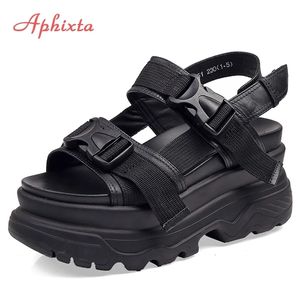 Sandálias CM Saltos de alta plataforma Aphixta Wedge Shoes Women Buckle Leather Canvas Summer Zapatos Mujer Wedges Woman Sandal S S S S
