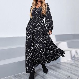 Casual Dresses Elegant Geometric Print Women Long Vestidos Autumn Sleeve Party Beach Maxi Dress Loose Boho Robe