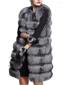 Pelliccia da donna 2023 Inverno Donna Faux Cappotto X-lungo Moda casual Caldo lusso senza maniche Giacca soffice Gilet lungo argento Elegante