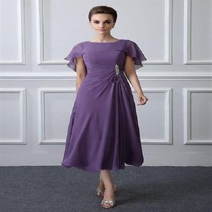 Elegancka długość herbaty Mother of the Bride sukienki Krótkie fioletowe szyfonowe sukienka dla gości załoga szyi rękawa plus size kobiety Eveni310m