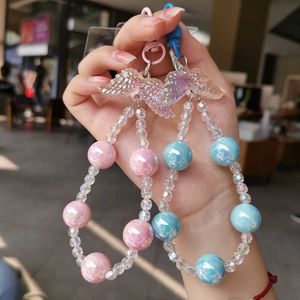 Cell Straps Charms Lanyard Handheld with Short Angel Wings Crystal Anti Loss Round Bead Mini Wrist Strap Mobile Lanyard Keychain Strap