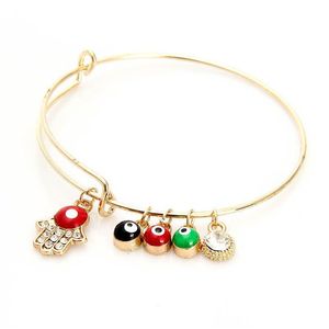 Charm Bracelets Korean Expandable Wire Bangle With Hand Of Fatima Red Black Green Evil Eye Stretch For Women Ladies Fashion Craft Drop Dh5Zp