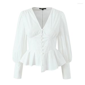 Женские блузки yenkye 2023 Женщины французский стиль асимметричная рубашка винтажная рукав фонаря v Neck Женская белая блузка