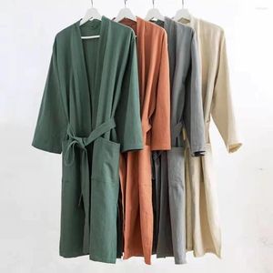 Roupa de dormir feminina Kaftan Kimono Home Lovers Vestido solto 30% linho Roupão masculino japonês Robe sólido Roupas simples Roupões de banho 70% algodão