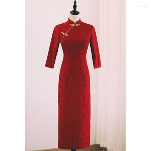 Etnik Giyim Yüksek kaliteli Çinli kırmızı kadın Cheongsam Qipao Yarım Kollu Artı Beden Vintage Çiçek Düğün Resmi Akşam Yemeği Uzun Elbise