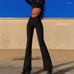 Kvinnors byxor kvinnor mode v-formad hög midja bekväm lång flare byxa solid svart tvärbältes casual bred benbyxor kvinnliga kläder