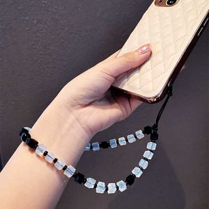 Cellband charms kort handled diamanthaped pärla pendel mobil lanyard handpärlor mode armband hänge anti-förlorade handledsrem