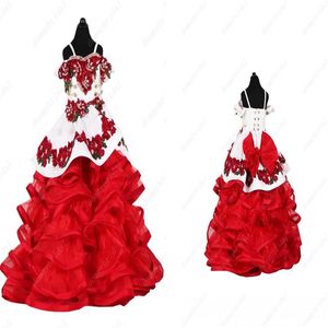 Pretty Red and White 3D Floral Flowers Little Girls Pageant Dress 2022 Mexican Charra Ball Gown Flower Girl First Communion Dress249q