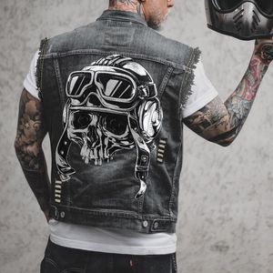 Men's Vests Men's Spring/Summer Outdoor Cycling Motorcycle Punk Print Pattern Hollow Out Raw Edge Sleeveless Tank Top Denim Jacket 230804