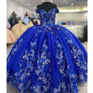 Blaue Quinceanera-Kleider, Ballkleid, 3D-Blumenapplikationen, Spitze, ärmellos, schulterfrei, handgefertigte Blumen, Sweet 15 Party