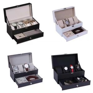 Watch Boxes Cases 4Grids Double Carbon Fiber Watch Case/ 6Girds Watch Box Holder Organizer Storage Box for Quartz Jewelry Boxes Display Gift 230807