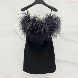 Casual Dresses Vintage Black Evening Dress Fashion Runway Ostrich Hair Slimming Mini Bra Temperament Chic Women High Quality Clothes