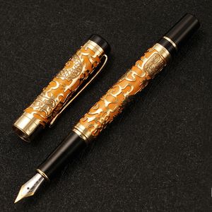 Fountain Pens Vintage Jinhao 5000 Luxury Metal Pen OrangeGold美しいドラゴンテクスチャカービングEffmbent Office Business Gift 230807