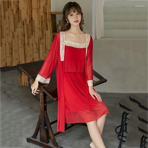 Women's Sleepwear Retro Chinese Flower Mesh Robe Style Red Nighty&Robe Set Embroidery Nightdress Suit Casual Female Modal Home Dress