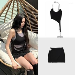 Work Dresses Kpop Jang Won Young Summer Y2k Clothes Sexy Slim Hanging Neck Suspender Vest Knitted Crop Top Hollow Out Mini Skirt Outfits