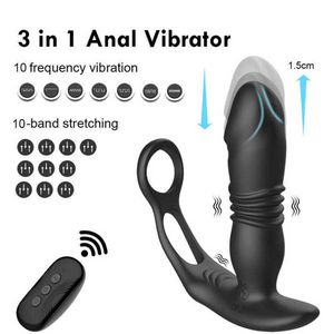 Massager Telescopic Male Prostate Massage Anal Vibrator Butt Plug with Penis Ring Stimulator Delay Ejaculation